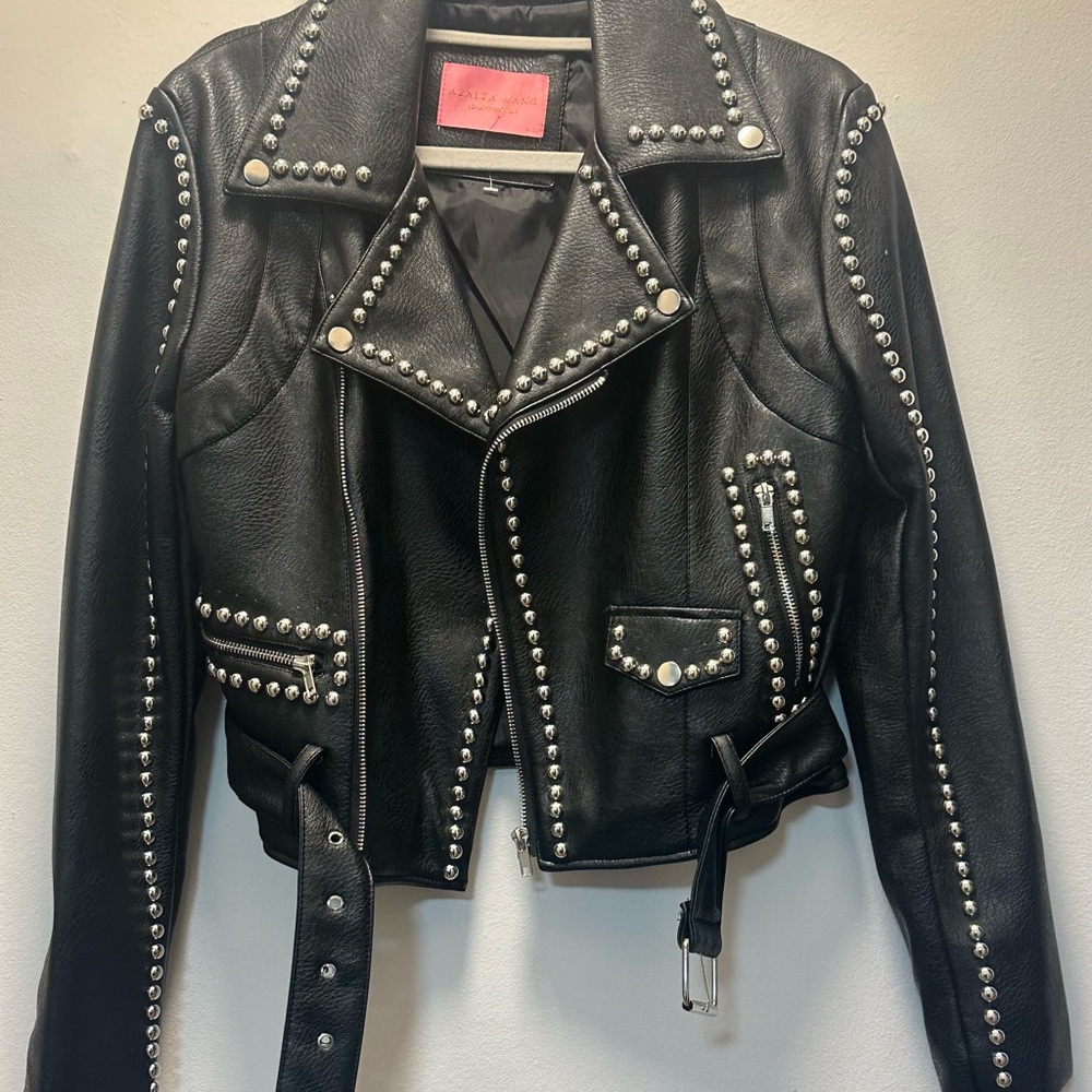Edgy Black faux Leather Biker Jacket with Silver Studs